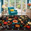 RELEANY Floral Nursery 3x5 Area Rugs Washable Print Boho Cute Carpet Non Slip Flower Low Pile for Living Room Kids Girls Playroom Bedroom Kitchen Office Farmhouse-Black