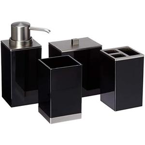 mDesign Plastic Bathroom Vanity Countertop Accessory Set - Includes,Soap Dispenser, Toothbrush Holder, Lidded Canister, and Tumbler Rinsing Cup; Lumiere Collection - Set of 4 - Black/Brushed Chrome