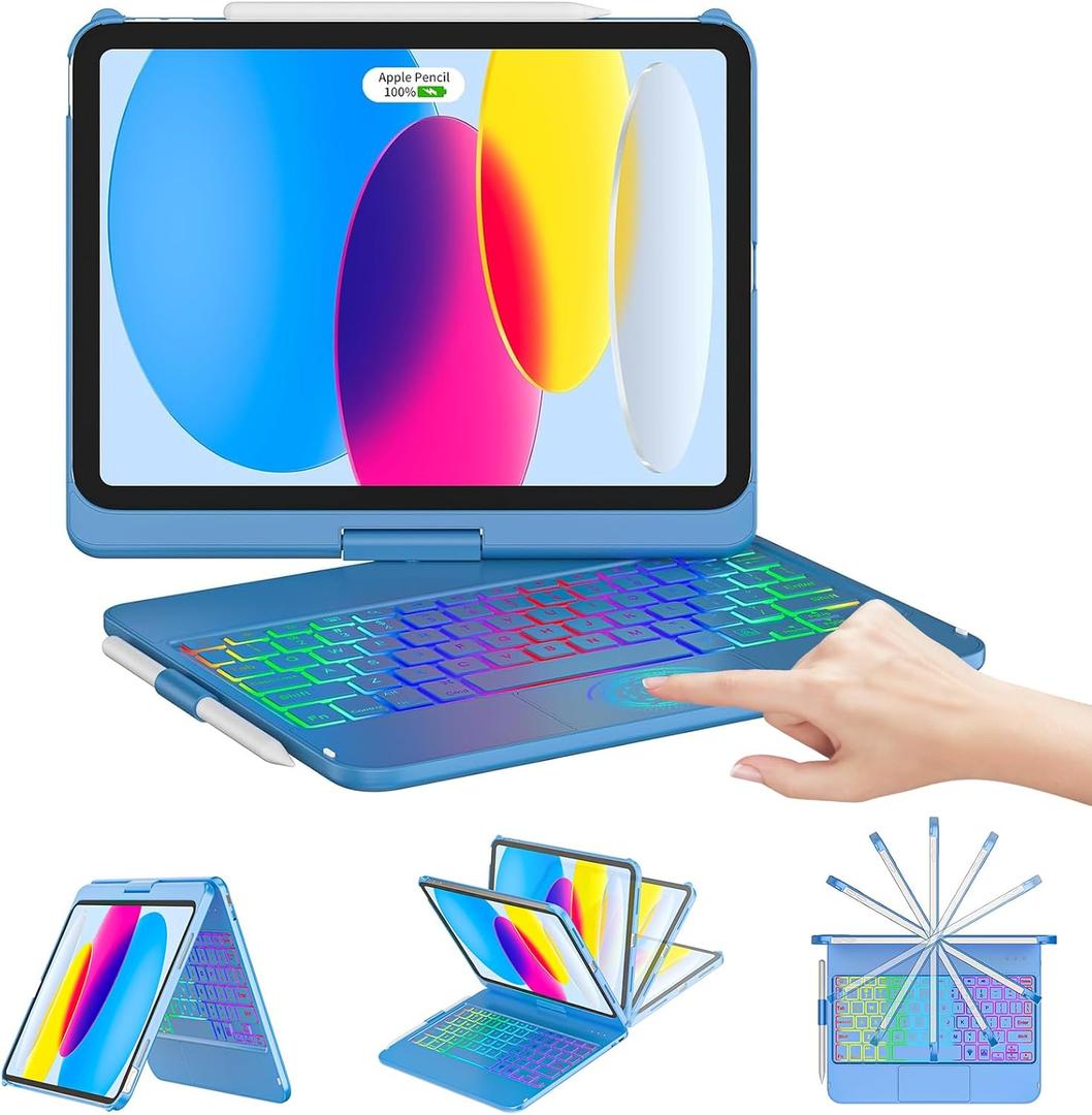 CC Store for iPad (A16) 11th 10th Generation Case with Keyboard - 7 Color Backlit 360° Swivel Multi-Touch Track Pencil Holder for iPad 11-inch A16 2025 10th Gen 10.9 Inch 2022(Blue)