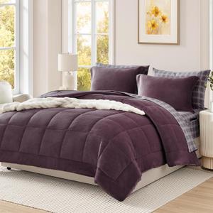 AMBERSPACE Plush Comforter Set Full Size Purple, Flannel Velvet Comforter Sets 7 Pieces Bed in a Bag, Soft Warm Winter Bedding Set with Sheets, Pillowcases & Shams
