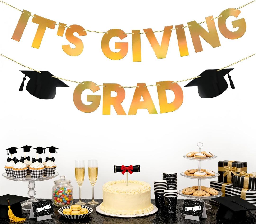 2 x Graduation Decorations Banner, No DIY Shiny Iridescent Gold It's Giving Grad Banner Graduation Cap Congrats Grad for College High School Ceremony Congratulation Graduations Party Decor Photo Backdrop
