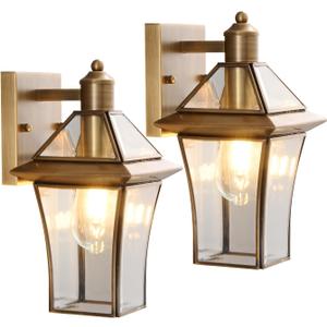Waterproof Brass Outdoor Wall Lanterns (2-Pack) - E26 Socket & Glass Shade Exterior Wall-Mounted Lights, Rustproof Modern Sconces for Front Door, Porch, Yard & Entryway