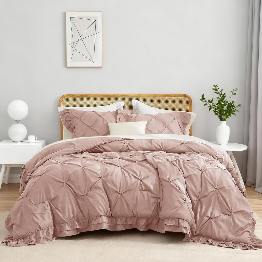 104x90 Ruffled Comforter Set with 2x20x36 Pillowcases Cozy Warm Bedding Set for Room Decor Blush Pink Breathable Quilted Comforter Set for Family, King Size