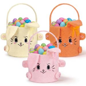 Mimorou 3 Pack Easter Basket Soft Plush Bunny Sherpa Personalized Bucket with Rabbit Ears Decorative Bow Large Bunny Tote Bags Ideal for Egg Hunt, Party Favors(Orange Pink and Yellow)