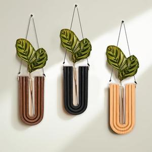HINMAYGO 3 Pack Wood Wall Planter Indoor, Boho Wood Hanging Vase, Wall Decor Plant Holders, Modern Home Decor for Dried Flowers Living Room Bedroom Kitchen Home Farm (Black Brown Wooden)