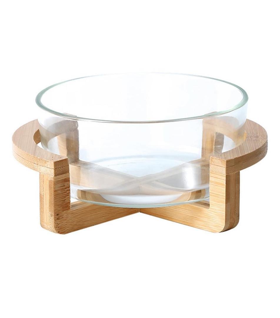 Cabilock Versatile 10 Oz Glass Salad Bowl with Bamboo Base - Heat Resistant Serving Bowl for Fruits, Snacks, and Desserts - Microwave Safe, Dishwasher Safe (7.08 X 5.90 X 3.14 Inch)