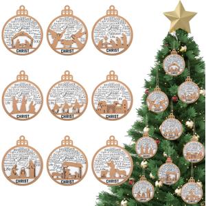 Yookeer 9 Pcs Nativity Christmas Ornaments Music Sheet Christian Wooden Ornament Religious Birth Yule Gift Birth of Jesus Story Gift for Family Christmas Christian Holiday Decor