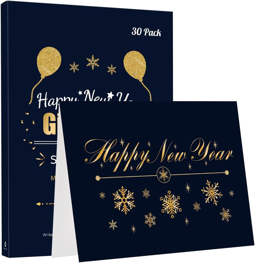 NUOBESTY Happy New Year Cards with Envelopes, 30 Pack Christmas Blank Foldable Greeting Cards Boxed Set for Holiday Wishes, New Year Crafts, Festive Decor, Family and Friends
