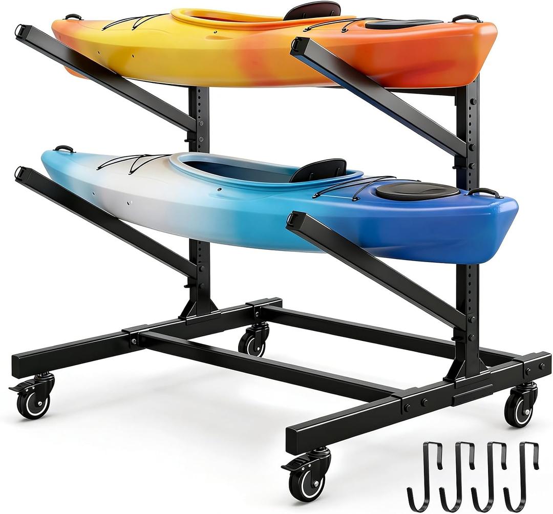 Ultrawesome 2-Tier Single-Sided Kayak Storage Rack with Wheels, Heavy Duty Freestanding Canoe Stand for 2 Kayaks, 200lbs Capacity, Adjustable Arms, Indoor Outdoor Garage Shed Dock Use