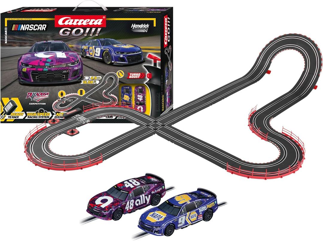 Carrera GO 62582 NASCAR Talladega Competition Electric Powered Slot Car Racing Kids Toy Race Track Set Includes 2 Hand Controllers and 2 Cars in 1:43 Scale