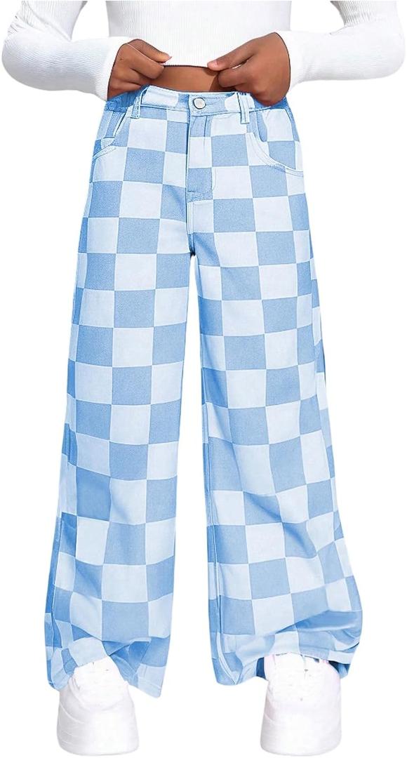 OYOANGLE Girl's Checkered Print Wide Leg Baggy Jeans Zipper Fly Straight Leg Elastic High Waist Denim Pants with Pocket (Light Blue, 9 Years)