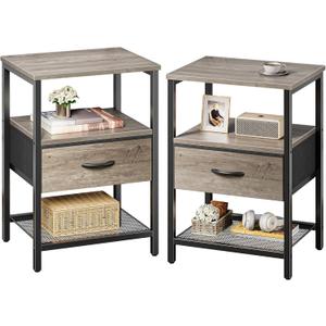 Huuger Nightstand Set of 2, Night Stand with Fabric Drawer, Mesh Shelf, Side Table with Storage, Fabric Drawer Dresser, Open Shelf, Metal Frame, Bedroom, Oak