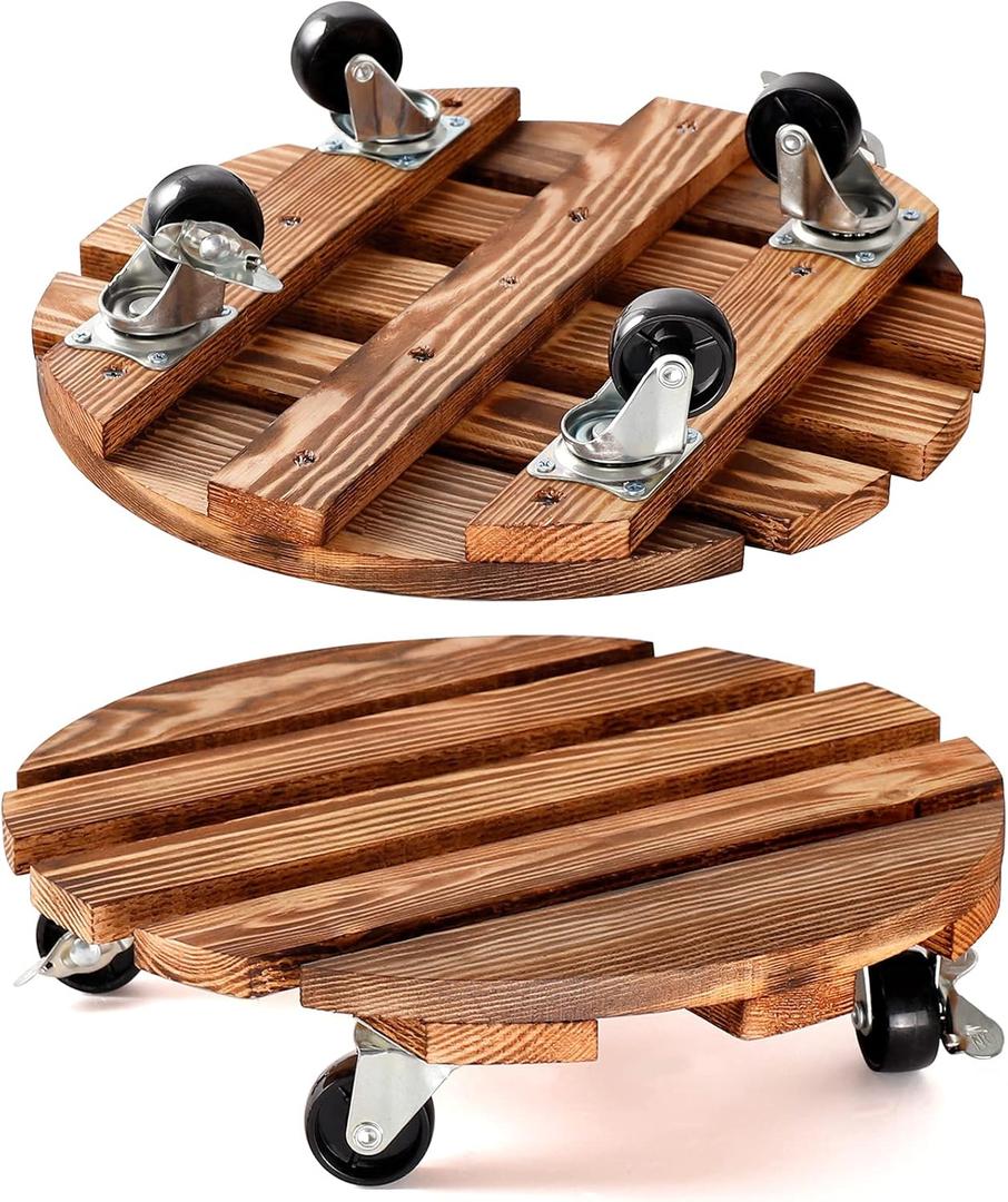 HOHY 2-Pack 12" Plant Caddy Plant Stand with Wheels Heavy Duty Wood Rolling Plant Stand with 2 360 Lockable Wheels,Indoor Outdoor Plant Roller for Large Planters, Flower Pot, Patio