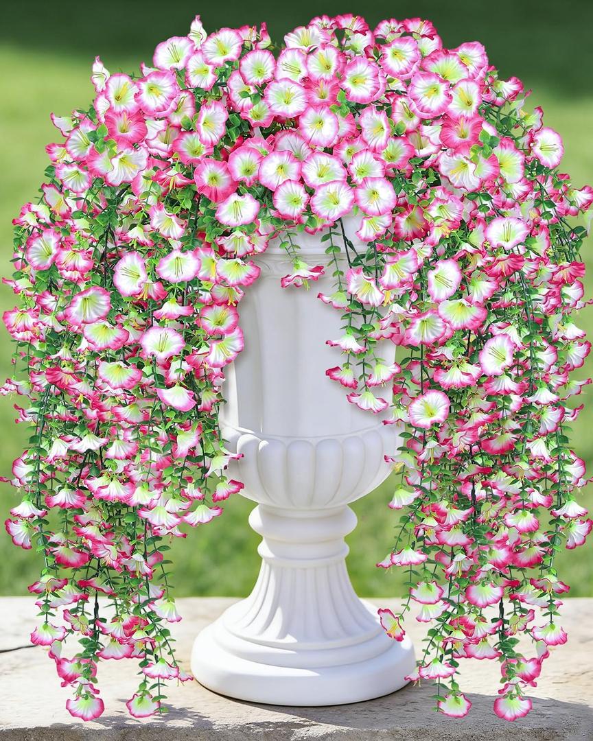 Artificial Flowers for Outdoors, 6-Pack UV Resistant Silk Morning Glory Flowers Vines, Realistic Fake Haning Plants Outside Decroation for Porch Patio Balcony Yard Garden (Light Pink)