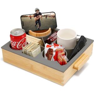 Nnewvante Couch Cup Holder, Bamboo Silicone Couch Caddy with 360 Rotating Phone Stand, Sofa Bed Organizer with Anti-Slip Pad,Snack Drink Holder with Carry Handle,12x10inch (12in, Dark Gray)