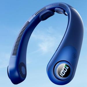Portable Neck Fan With LED Display, Hands-free 5 Speeds Cooling, Neck Support, Lightweight, Battery Operated, Personal Bladeless Fan Rechargeable, Gift for Women Men, Hot Flashes, Travel, Camping (Dark Blue)