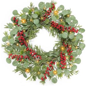 Christmas Wreath with Lights Timer - 20 Inch Christmas Wreaths with Cedar Branch Tips Eucalyptus Red Berries, Artificial Cedar Wreath for Front Door, Wall, Windows, Home, Indoor, Outdoor Use