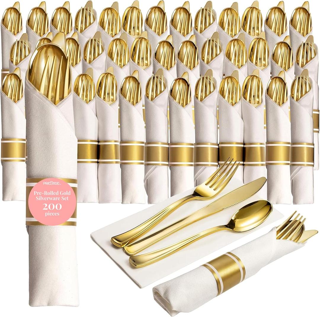 Prestee 200 Pieces Pre Rolled Gold Plastic Silverware Set for 50 Guests - Premium Disposable Silverware Set with Napkins - Wrapped Utensils with Forks, Knives, Spoons, Napkins for Weddings and Events