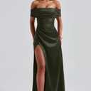 Memoriesea Women's Elegant Off Shoulder High Split Bodycon Evening Wedding Maxi Dress (Green, M)