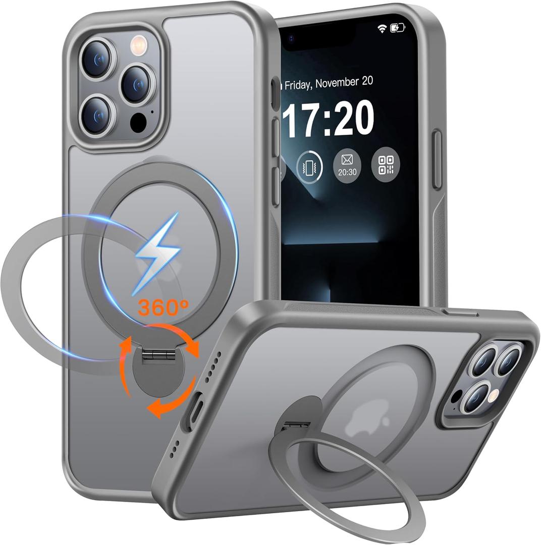 360° Rotatable Magnetic Stand for iPhone 13 pro max Case Compatible with Mag-Safe 16FT Military Drop Protection, Anti-Scratch/Fingerprint Shockproof iPhone 13 pro max Phone Case(Matte-Grey)