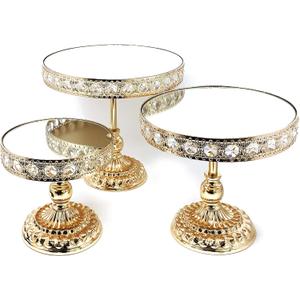 allgala Wedding Cake Stands 3-Piece Set Crystal Gold Plated Cheese Dessert Cupcake Cake Stand with Mirror Plate-Gold Round with Bases-HD89201