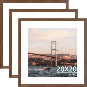 YESKAY 20x20 Picture Frame 3 Pack - Brown Poster Frame Display Pictures 16x16 with Mat or 20 x 20 Without Mat for Wall Hanging Horizontal and Vertical