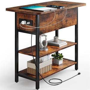 Yoobure End Table with Charging Station, Flip Top Side Table with USB Ports and Outlets, Sofa Couch Table Bedside Table for Living Room Bedroom, Narrow Nightstand with Storage Shelves for Small Space (Berry Brown)