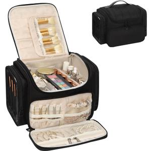 Large Makeup Bag with Jewelry Organizer, Travel Toiletry Bag for Women Girls with Makeup Brush Compartment & Two Side Pockets - XL Black