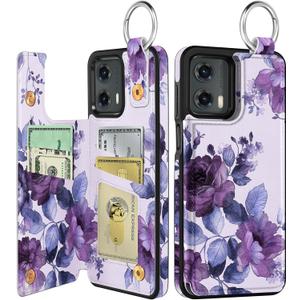Shorogyt for Moto G 5G 2024 Wallet Case with Card Holder - Designer Purple Flower Pattern Kickstand Magnetic Clasp Back Flip Folio Leather Phone Cases for Women Men Girls for Moto G 5G 2024