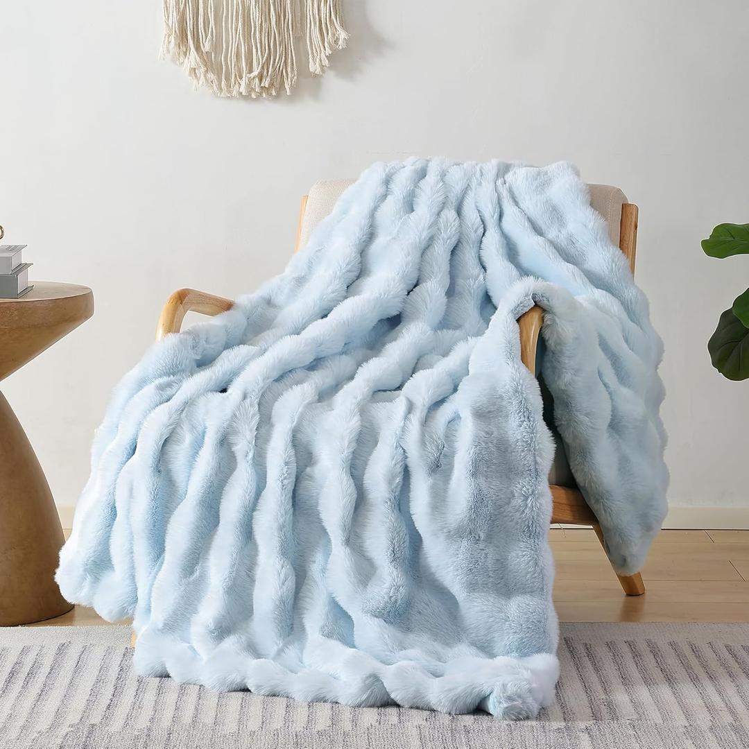 Smoofy Faux Fur Throw Blanket for Couch Rabbit Fleece - Light Blue Fluffy Blanket for Sofa Bedroom Living Room, Cozy Soft Plush Luxury Thick Winter Fuzzy Comfy Bubble Blanket - 50" x 60"