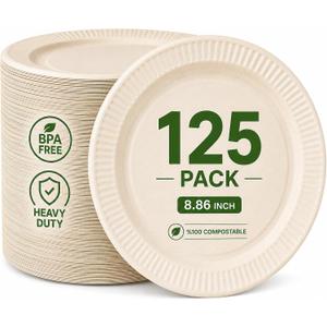 Compostable Sugarcane Plates 8.86 Inch, 125 Pack Heavy Duty, Leak & Oil Proof, Microwave Safe Bagasse Dinner Plates for Eco-Conscious Hosts | Outdoor BBQ, Wedding, Baby Shower, Camping, Catering