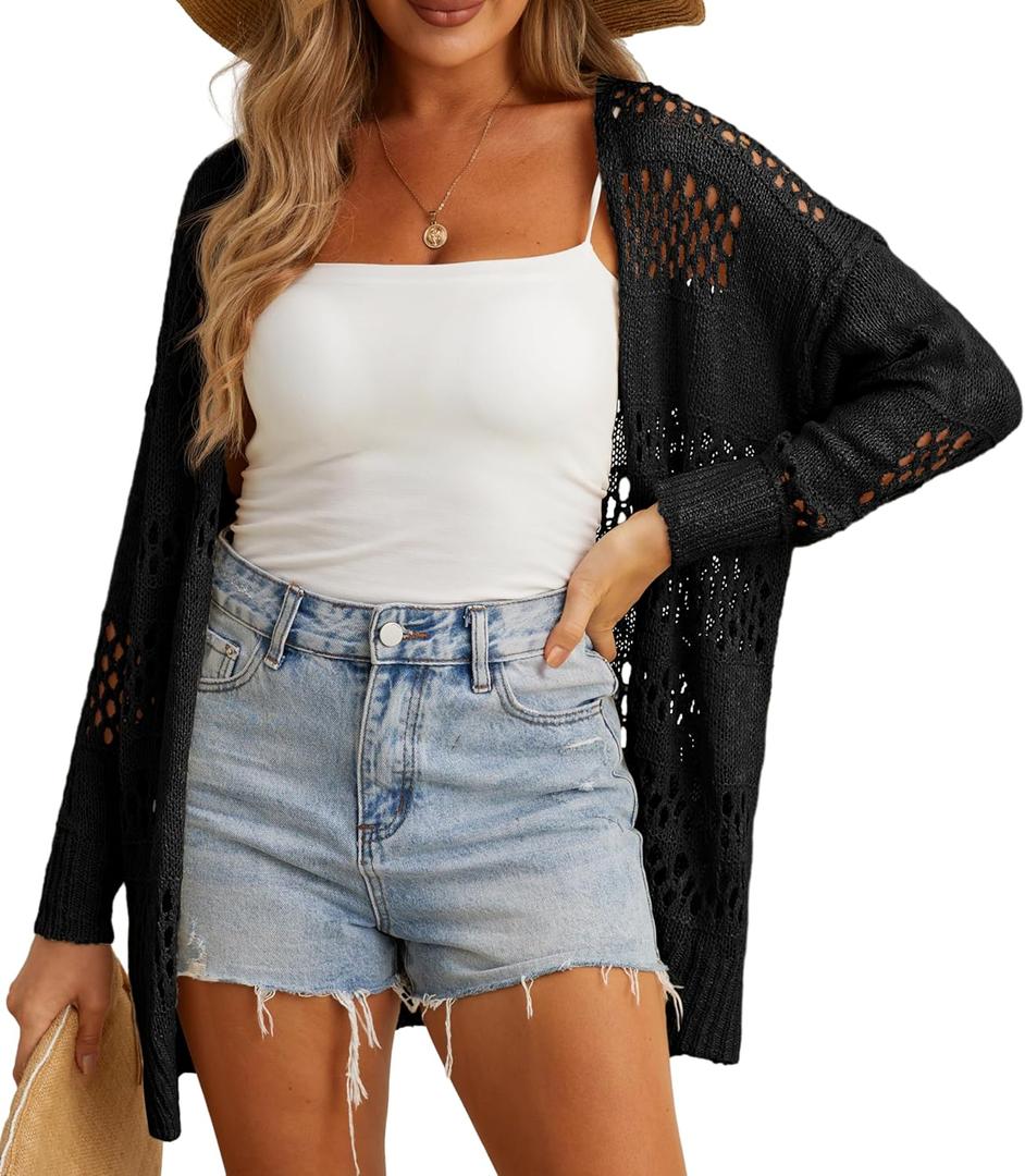 GRECERELLE 2025 Women Summer Crochet Boho Long Sleeve Lightweight Oversized Open Front Cardigan Sweaters Kimonos Tops (Small, Black)