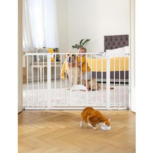 Babelio 36.5-57" Extra Wide Baby Gate with Cat Door, CatPrivilege , Auto Close & Two Way Swing, Pressure Mounted Dog Gates for Stairs, Doorways, Includes 4 Wall Cups and 3 Extension Pieces,White