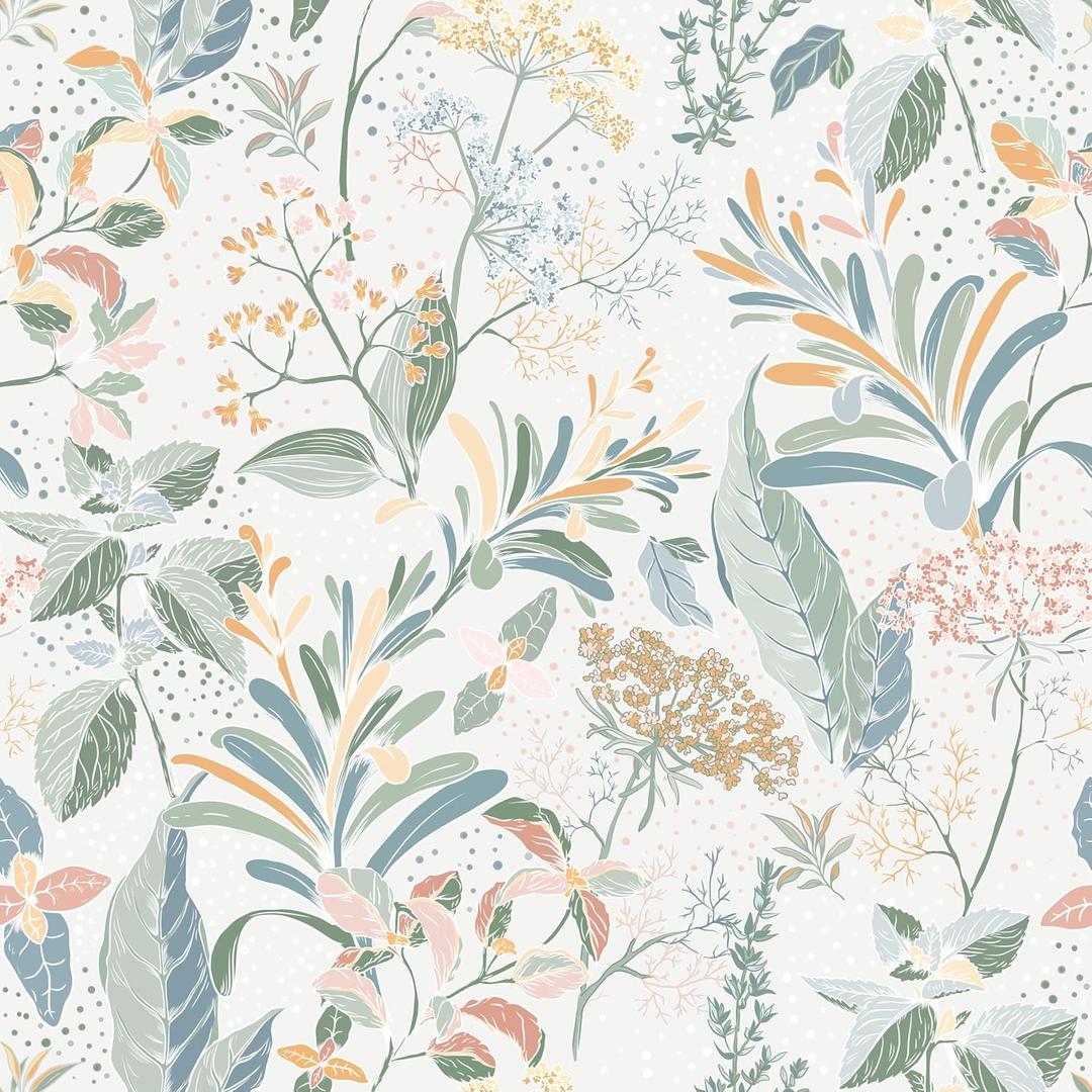 Kitico Wallpaper Peel and Stick Boho Floral Wall Paper Green Botanical Contact Paper for Cabinets Drawers Self-Adhesive Removable Wallpaper for Bedroom Bathroom Waterproof Wallpaper 17.3" x 196"
