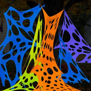Aneco 4 Colors Halloween Giant Spider Web 900 Sqft Glow in the-Dark DIY Spiderwebs with 20 Ground Nails Stretchy Beef Cloth Netting for Yard Party Outdoor Decor, White, Green, Orange, Purple