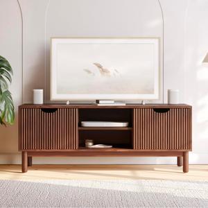 Low Profile Fluted TV Stand - Mid Century Media Console - Living Room Furniture - 48 Entertainment Center with Shelves & Doors - Fits 55" TVs - Walnut TV Console for Home Decor (Walnut Finish)