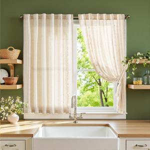 jinchan Winslow Linen Curtains 45 Inch Length Small Window Curtains Embroidered Bordered Floral Drapes Light Filtering for Bathroom Laundry Room Kitchen Farmhouse Decor White on Beige 2 Panels