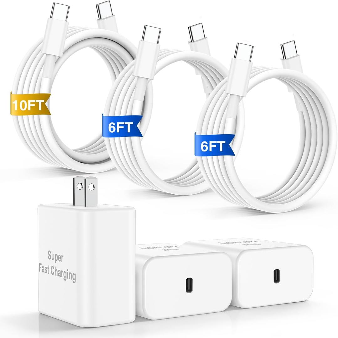 iPhone 17 16 Pro Max Charger Fast Charging, 45W Super Fast USB C Chargers for iPhone 16 (6FT+6FT+10FT) Type C Chargers Cord with Fast Charger Block for iPhone 17/16/15 Series/iPad/ GalaxyS25 (White)