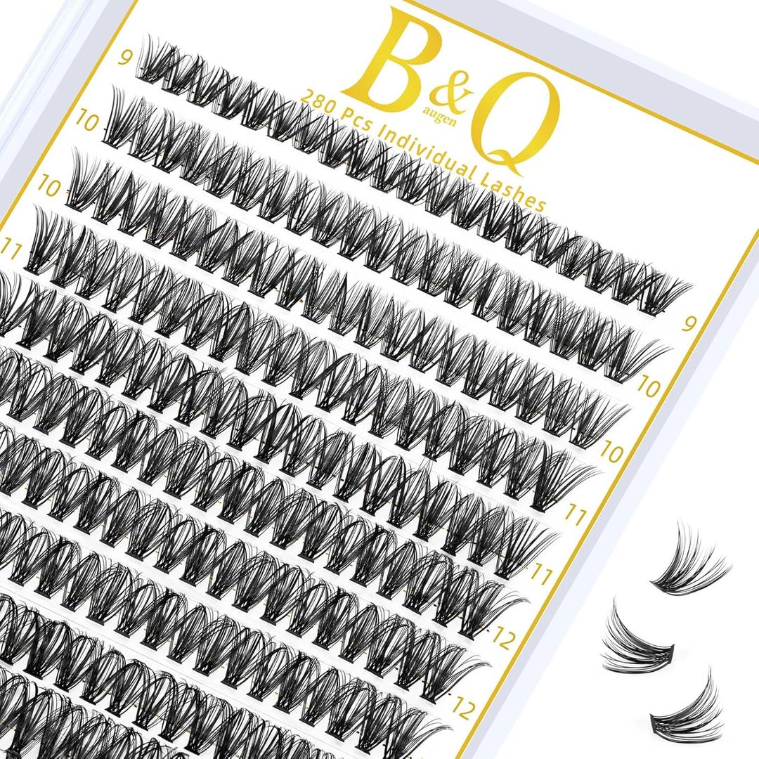 B&Q Lash Clusters 280PCS Natural Eyelash Clusters 40D D 9-16mm Individual Lash Wispy Eyelash Extension with Soft Thin Band Classic Look Pestaas Postizas Comfortable DIY at Home