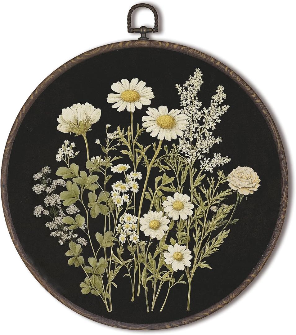 XNXLDYLH Vintage Floral Botanical Round Framed Wall Art Decor, Retro Cottage core Antique Wildflower Bedroom Hanging Wall Decor Decorations, Nature Flower Canvas Prints Wall Art Paintings, 10x10 Inch