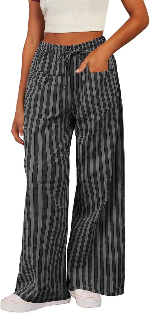 Acelitt Women Casual Drawstring Elastic Waist Loose Wide Leg Striped Pants with Pockets, S-XXL (Black)