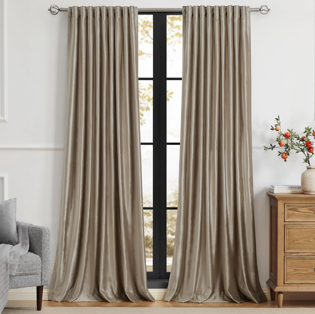 PRIMROSE Taupe Curtains 102 inch for Living Room,2 Panels Velvet Drapes Blackout Rod Pocket Back Tab Window Treatment Room Darkening Decorative Thick Curtains for Bedroom