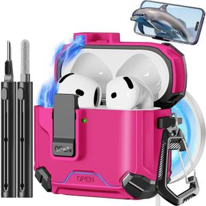 Pohgelan Compatible with AirPods 4 Case,Magnetic Automatic Lock with Phone Stand & Cleaning Kit,Compatible with Magsafe Cover -Rose red
