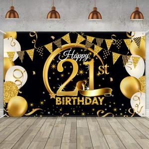 Birthday Party Decoration Extra Large Fabric Black Gold Sign Poster for Anniversary Photo Booth Backdrop Background Banner, Birthday Party Supplies, 72.8 x 43.3 Inch, 21st 