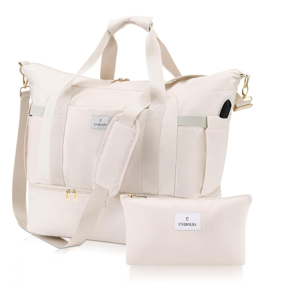Weekender Bags for Women, Large Travel Duffel Bags with Shoe Compartment and USB Charging Port, Carry on Overnight Bag with Toiletry Bag for Gym, Maternity, Sports, Business Trip - Beige