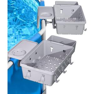 (2025 Upgrade) 2-Pack Poolside Storage Basket Above Ground Pool Accessories, Pool Storage Basket with Cup Holder, Poolside Storage to Organize Drink, Cup, Towel, Phone, Sunglasses and More(Light Grey)
