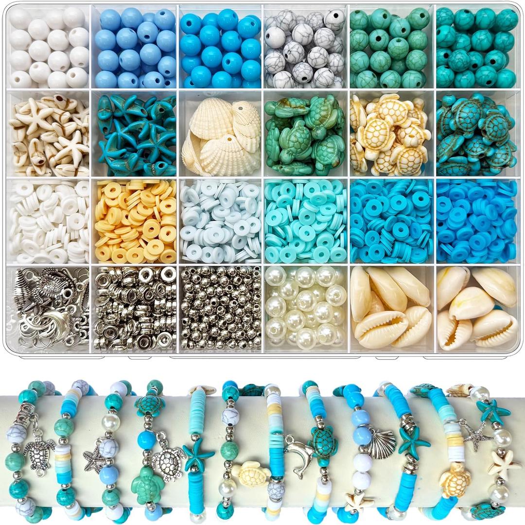 1860Pcs Ocean Beads for Bracelets Making Kit, Blue and White Summer Beach Bead for Jewelry Making, Sea Turtle Shell Starfish Shape Beads 8mm Round Cly Bead for DIY Craft Bracelets Earring (Blue)