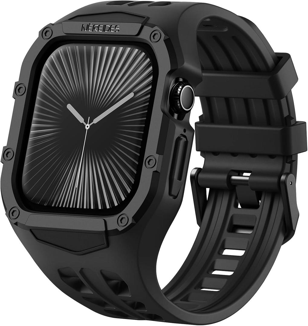 Nereides Rugged Case with Band for Apple Watch Series 11/10 46mm, Breathable TPU Sport Strap + PC Protective Bumper, Shock-Resistant, Sweat & Water-Resistanty (Black)