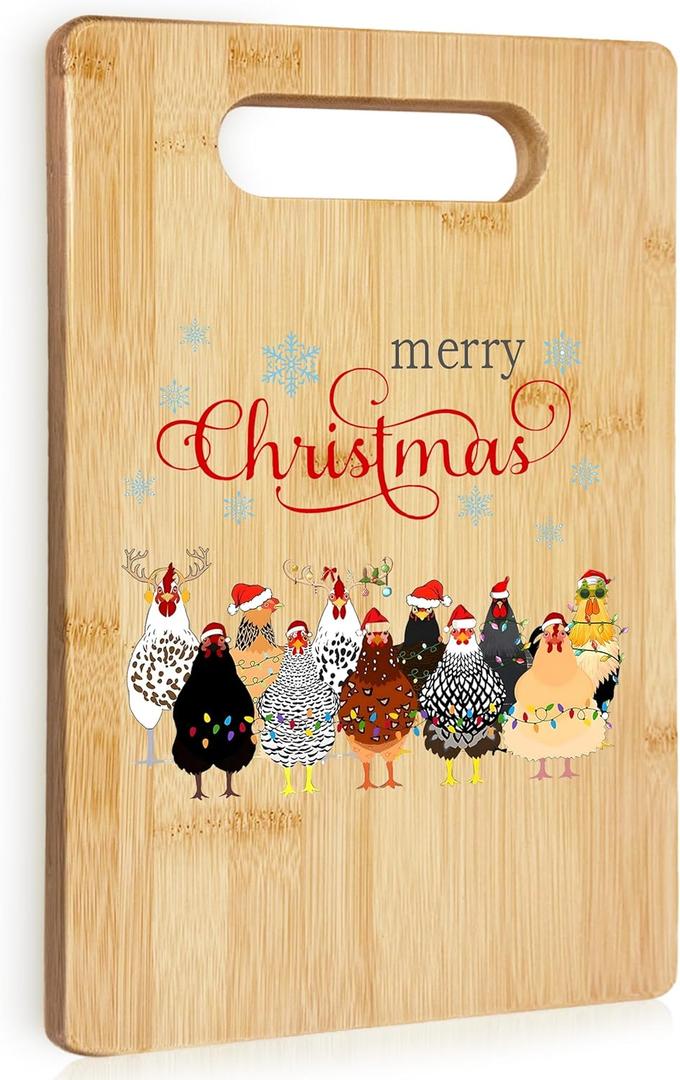 Chicken Merry Christmas Cutting Chopping Board for Kitchen, Christmas Chicken Kitchen Decor, Winter Xmas Rooster Boo Bamboo Cutting Boards for Friends Family Party Hostess
