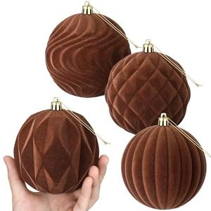 Blueweenly 4 Pcs 4 Inch Brown Large Velvet Christmas Ball Ornaments Vintage Christmas Plastic Ball Ornaments Flocked Tree Hanging Decoration for Xmas Party Wedding Home Decor
